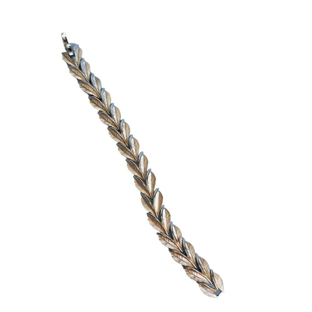 Vintage Crown Trifari 1950s Brushed Silver Leaf Design Classic Link Bracelet 7" - Picture 1 of 8